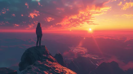 Poster Alone women traveler stands atop a mountain peak, immersed in the breathtaking view of a sunset above the clouds. © Old Man Stocker