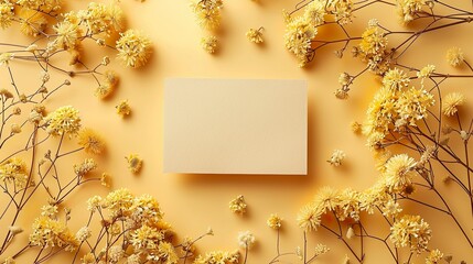 Maqueta de una tarjeta primaveral con fondo amarillo. Generado por IA. - obrazy, fototapety, plakaty