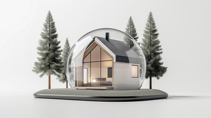 Closeup modern little house model under transparent dome with fir trees on isolated white background