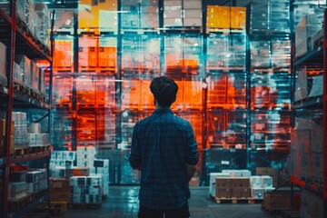 A young man contemplates organized, colorful boxes stacked on warehouse shelves