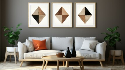 Living room with minimalist wall art set. - obrazy, fototapety, plakaty