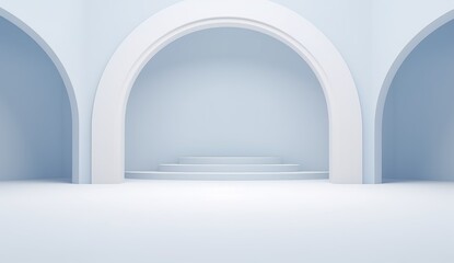 Minimalistic white room with arches and circular podium, modern abstract architecture background