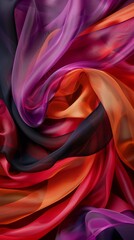 Fototapeta premium A close-up view of flowing, colorful silk fabric in shades of purple, orange, red, and black, creating a vibrant and dynamic texture