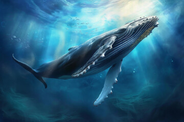 Fototapeta premium A humpback whale swimming under a blue ocean.