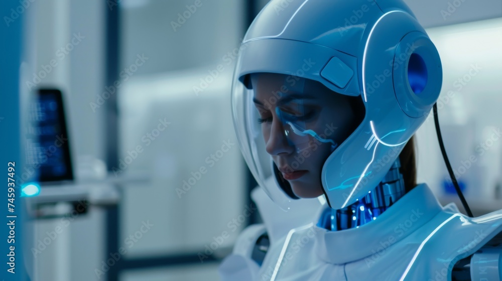 Poster futuristic humanoid robot with advanced ai technology standing in a modern laboratory