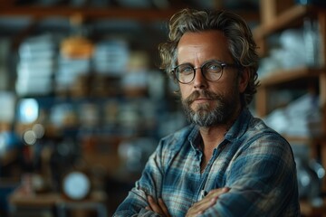 Fototapeta premium A contemplative man stands with crossed arms in a busy, rustic workshop setting, imbued with a sense of craftsmanship and dedication