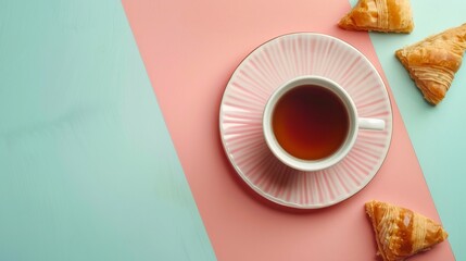 A top view of a cup of tea with a saucer and two puff pastries on a dual-tone background, creating a fresh and modern breakfast concept with copy space