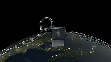 A padlock secures a chain around a globe, symbolizing protection and security