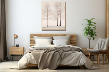 Fototapeta na wymiar Modern bed room with beautiful frame on wall.