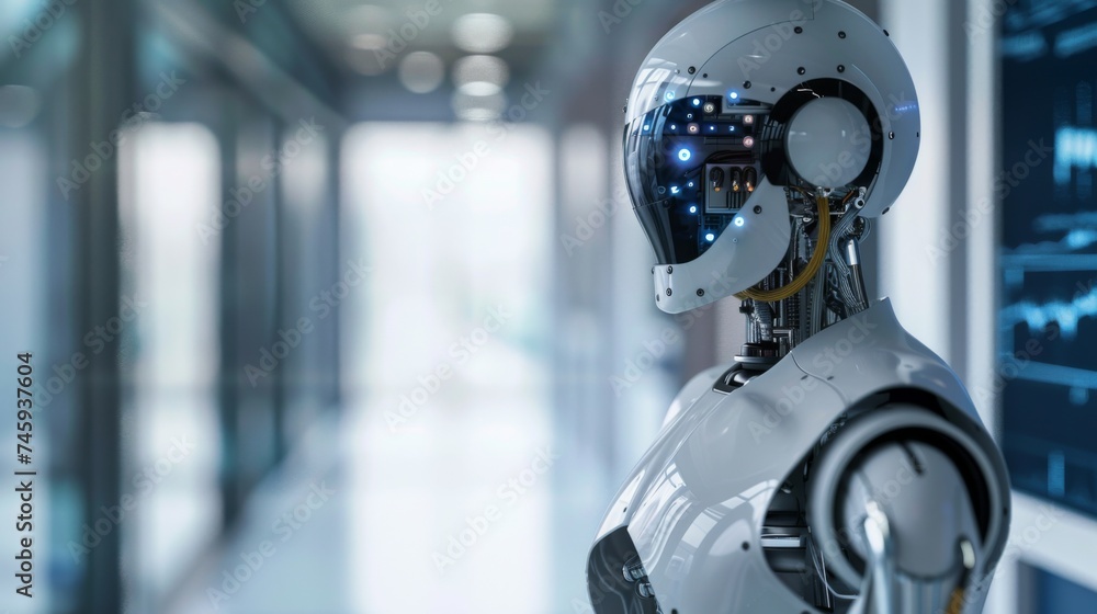 Poster futuristic humanoid robot with advanced ai technology standing in a modern laboratory