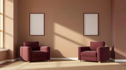 Interior design of a modern living room with two maroon armchairs, a beige carpet, and white placeholder frames on a brown wall, illuminated by natural sunlight