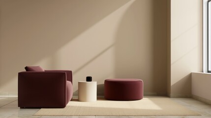 A minimalist living room with a maroon armchair, a round ottoman, a small white side table, and a beige rug. Sunlight streams through a window, casting shadows on the wall