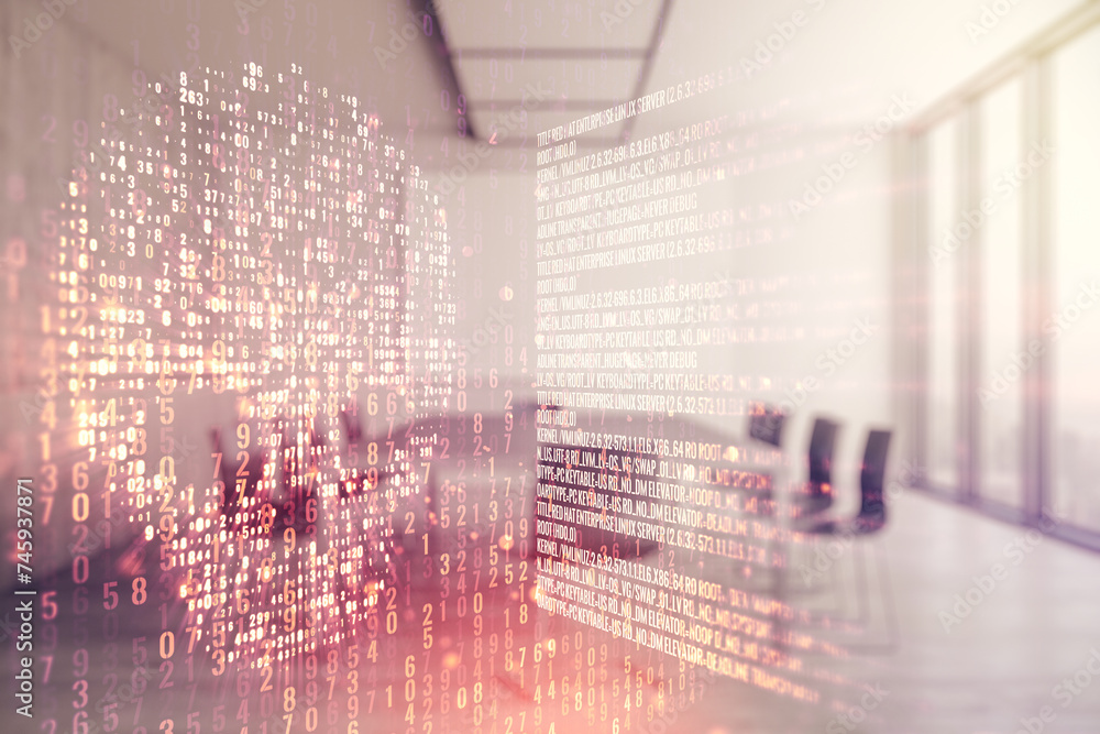 Poster abstract virtual code skull hologram on a modern coworking room background, cybercrime and hacking c