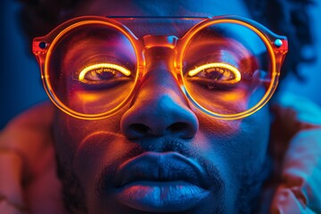 Vivid neon light reflects off stylish headphones creating a mesmerizing glow in a moody dark ambiance