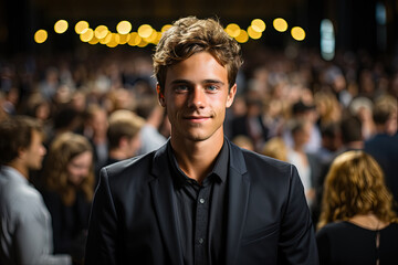 Fototapeta premium Young man standing confidently before a large crowd of diverse people, addressing them or being a focal point of attention