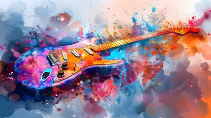 colorful Guitar in the foreground on Watercolor