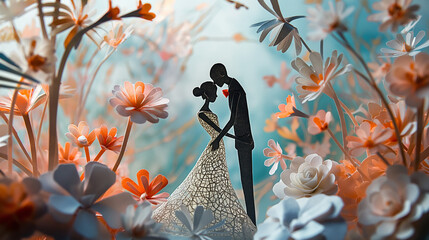 A beautifully crafted paper art design depicting a couple surrounded by a vibrant array of paper flowers and plants, evoking love, romance, and creativity