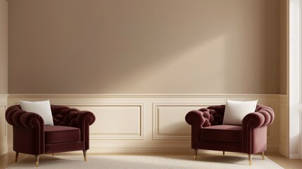Elegant interior design with two luxurious burgundy armchairs and white cushions against a classic paneled wall, illuminated by natural light