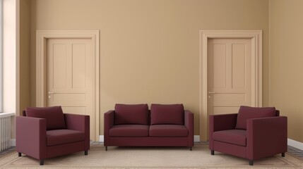 A modern living room featuring a maroon sofa and two matching armchairs, set against a neutral beige wall with two closed doors