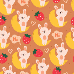 seamless pattern cartoon bunny with moon and strawberry. cute animal wallpaper for textile, gift wrap paper