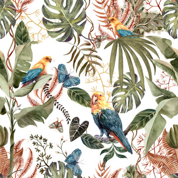 Beautiful pattern with nice watercolor parrots and tropical leaves Drawing for the design of souvenirs, postcards, posters and invitations.