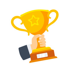 Hand hold trophy cup of winner. Trophy gold cup. Business success. Vector illustration