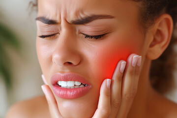 Obraz premium Young woman with toothache, periodontal disease in wisdom teeth, gum inflammation, dental pain, health problems concept