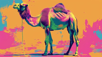 Colorful pop art style illustration of a camel on a vibrant background