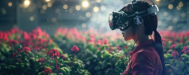 Fototapeta premium woman using augmented reality to manage a virtual farm merging the physical and digital worlds