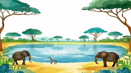 Colorful wallpaper watercolor for childrens book cover of a green savannah with happy african animals.