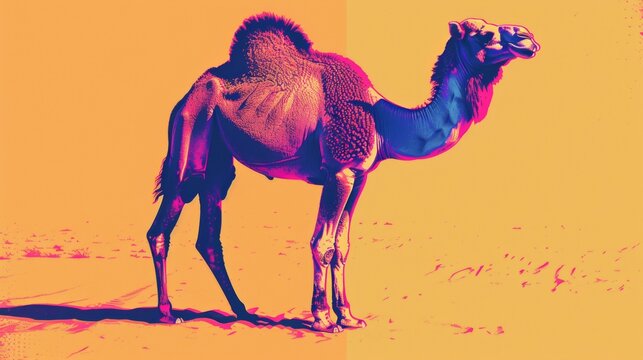 A camel standing in a desert setting, depicted in a vibrant orange and purple duotone color scheme
