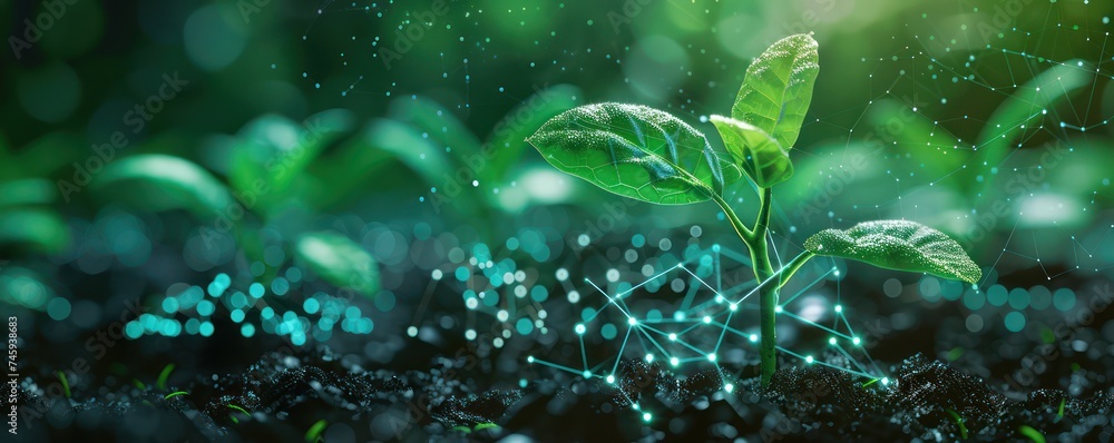 Poster close up digital roots intertwine with ai nodes in soil hologram crops growing at the speed of thoug