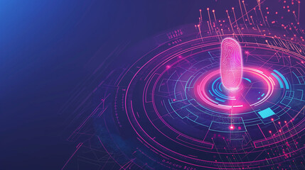A vibrant digital illustration featuring a fingerprint hologram among glowing data points, symbolizing technology, security, and identity