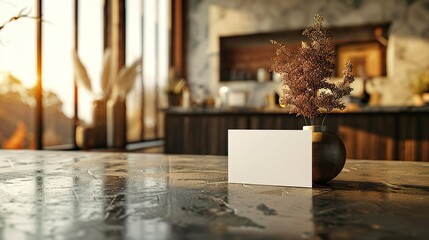 Maqueta de una tarjeta colocada sobre una mesa de trabajo con colores cálidos. Concepto de recurso gráfico. Generado por IA.