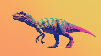 Colorful digital illustration of a Tyrannosaurus on a gradient orange background, showcasing a vibrant, modern artistic take on a prehistoric creature