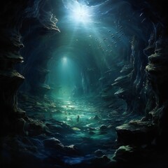 The dark bottom of the ocean, the abyss. Underwater rocks and tunnels. Underwater landscape