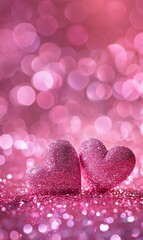 Two pink hearts on abstract pink background with bokeh lights. Valentines day concept