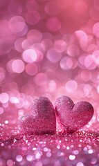 Fototapeta premium Two pink hearts on abstract pink background with bokeh lights. Valentines day concept