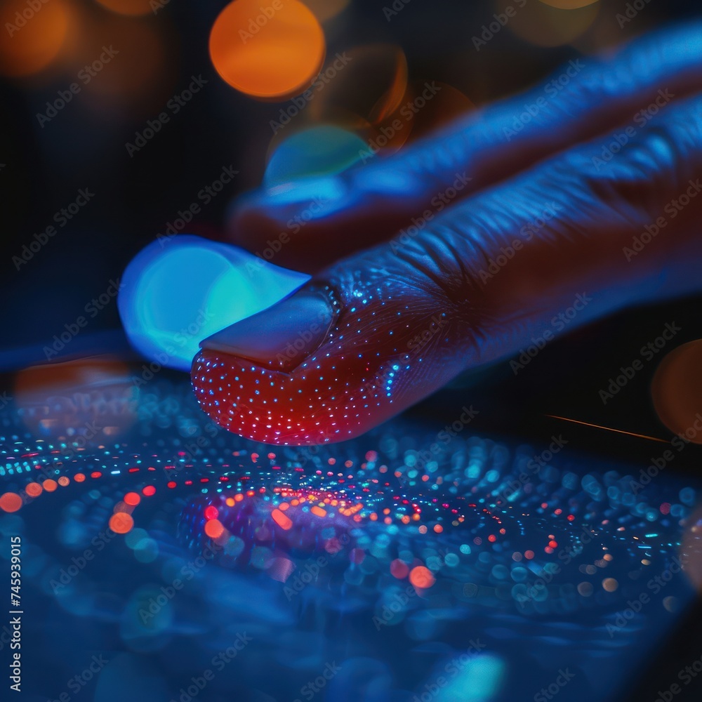 Poster close up of a finger authorizing a biometrically secured digital wallet payment with a cyber secure 