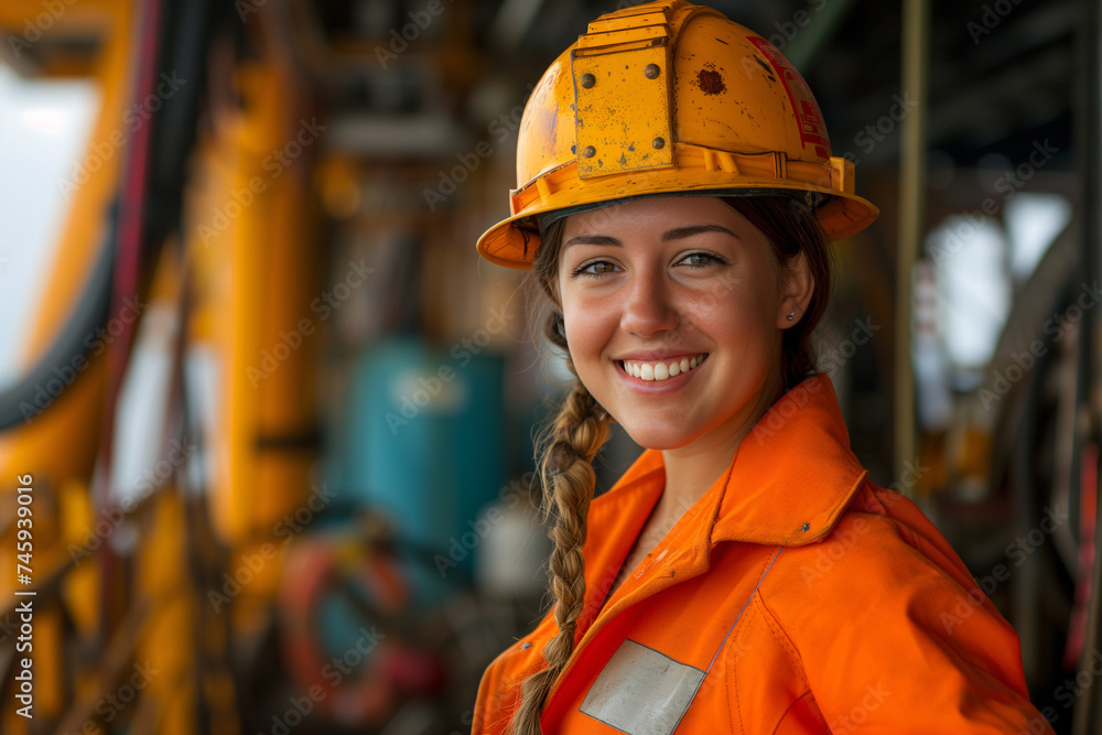 Wall mural A focused female engineer in safety gear gazes at the machinery on an oil rig, exemplifying women's empowerment in industrial fields. - Wall murals