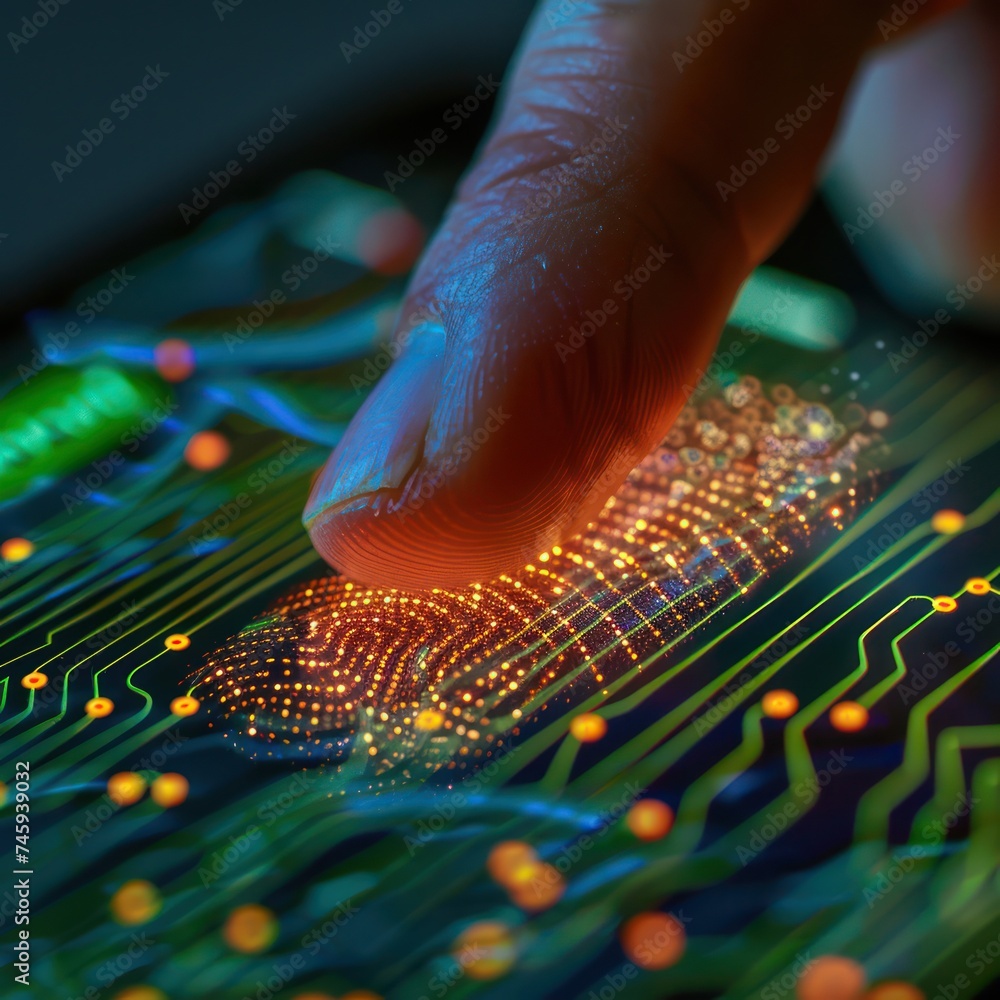 Poster close up of a finger authorizing a biometrically secured digital wallet payment with a cyber secure 