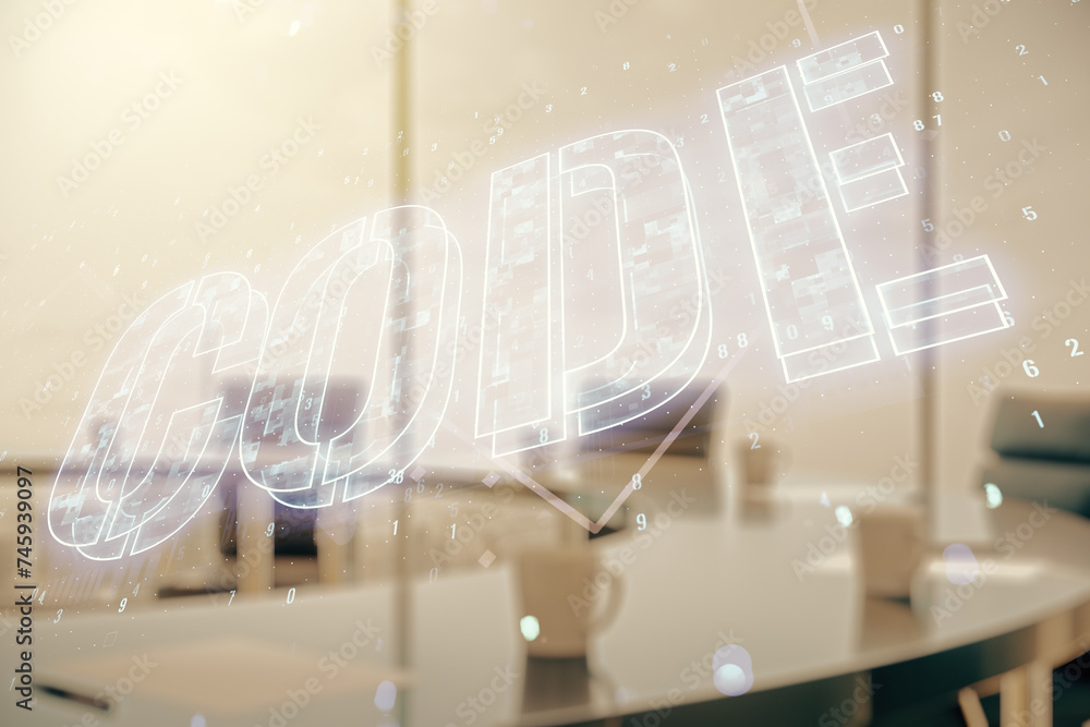 Aufkleber code word hologram on a modern meeting room background, artificial intelligence and neural networks 