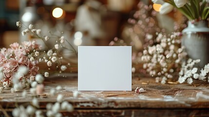 Naklejka na ściany i meble Maqueta de una tarjeta colocada sobre una mesa de trabajo con colores cálidos y rodeada de flores. Concepto de recurso gráfico. Generado por IA.
