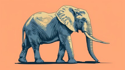 Illustration of an elephant in a blue color scheme against an light orange background, showcasing detailed line work and shading - obrazy, fototapety, plakaty