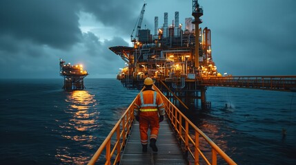 A worker in orange high-visibility gear walks on a bridge towards the well-lit structure of an offshore oil rig.