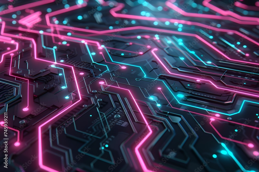 Poster neon circuit board pathways. technology and electronics concept. background design for poster, wallp