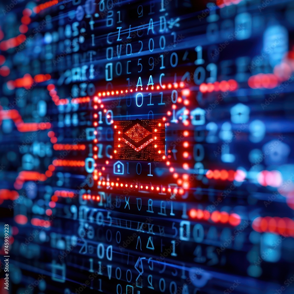 Poster close up of a phishing email attempting to scam digital wallet information with cybersecurity softwa