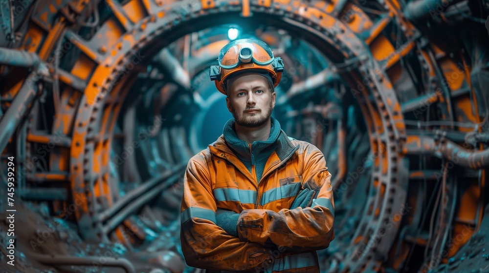 Poster confident mining engineer with crossed arms stands in a technologically advanced tunnel of a modern 