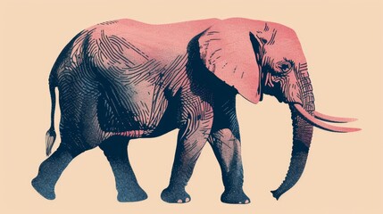 Naklejka premium Illustration of an elephant in a dual-tone style, featuring pink and black colors on a textured beige background
