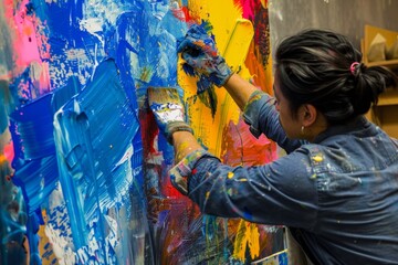 Artist painting on a large canvas creating a vibrant abstract piece in a studio.